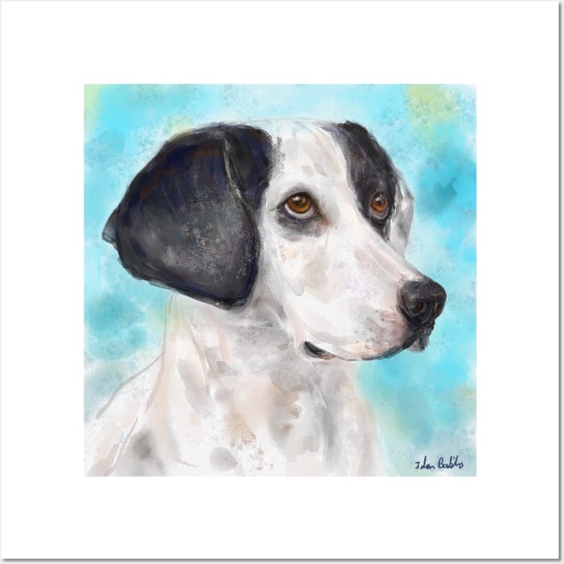 Watercolor Painting of a Black and White Dog on Light Blue Background Wall Art by ibadishi